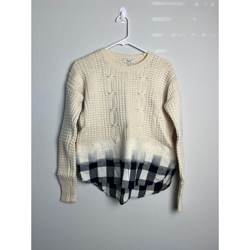 Madewell Sweater Womens Medium White Plaid Shirttail Hem Merino Wool Pullover‎